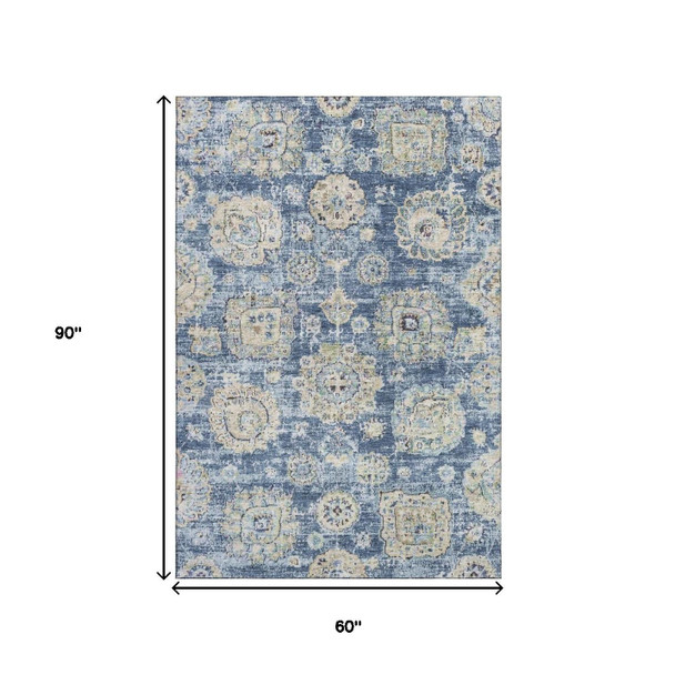 5' X 8' Blue Ivory And Gold Floral Washable Area Rug With UV Protection