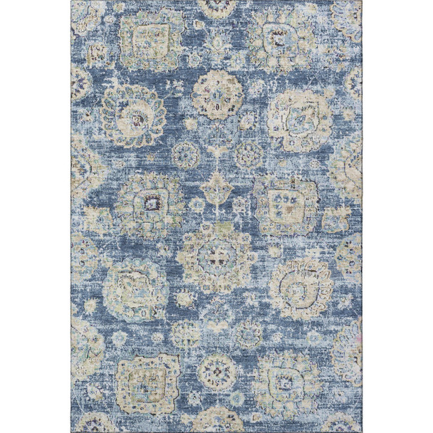 9' X 12' Blue Ivory And Gold Floral Washable Area Rug With UV Protection