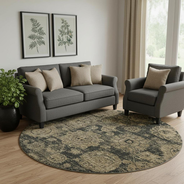 8' Charcoal And Brown Floral Washable Round Rug With UV Protection