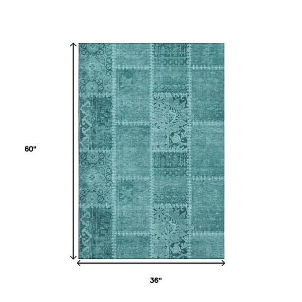 3' X 5' Turquoise And Aqua Patchwork Washable Area Rug With UV Protection