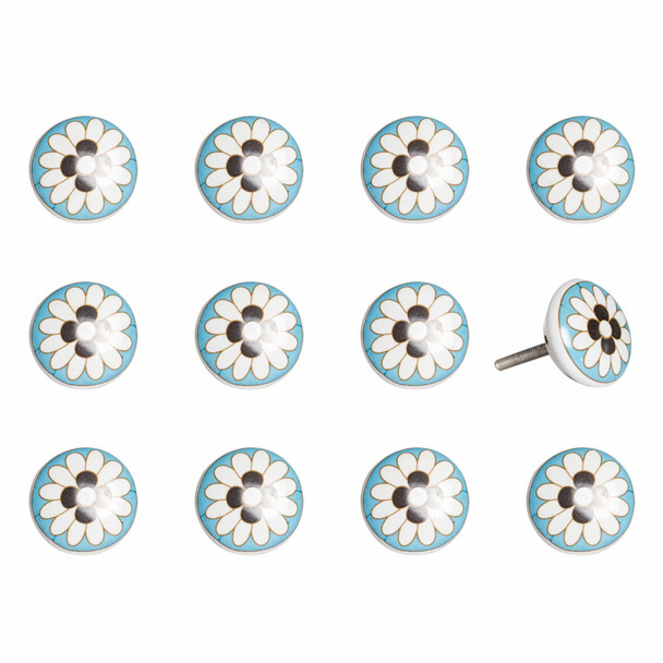 Set of Twelve Sky Blue And White Floral Ceramic Drawer Pull Knobs