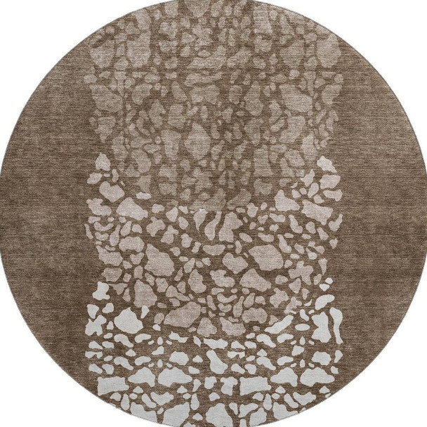8' Chocolate And Ivory Abstract Washable Round Rug With UV Protection