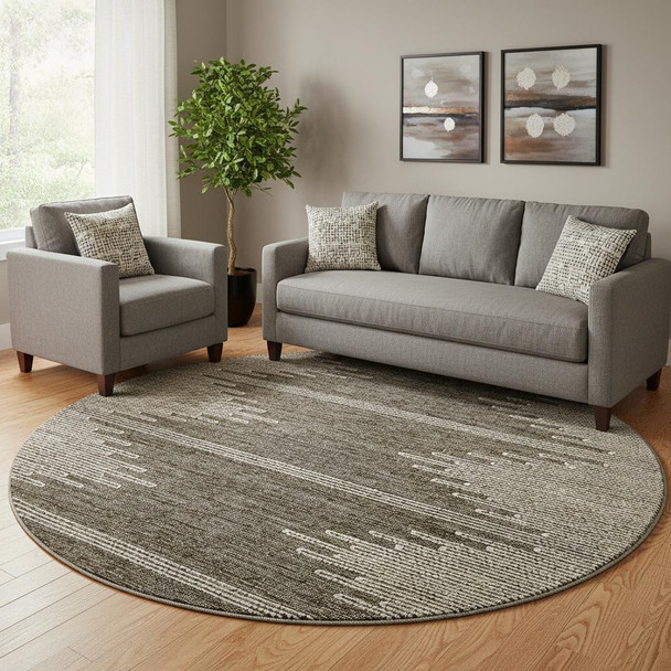 8' Coffee And Ivory Abstract Washable Round Rug With UV Protection