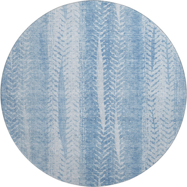 8' Sky Blue And Ivory Striped Washable Round Rug With UV Protection