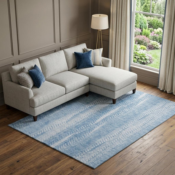 9' X 12' Sky Blue And Ivory Striped Washable Area Rug With UV Protection