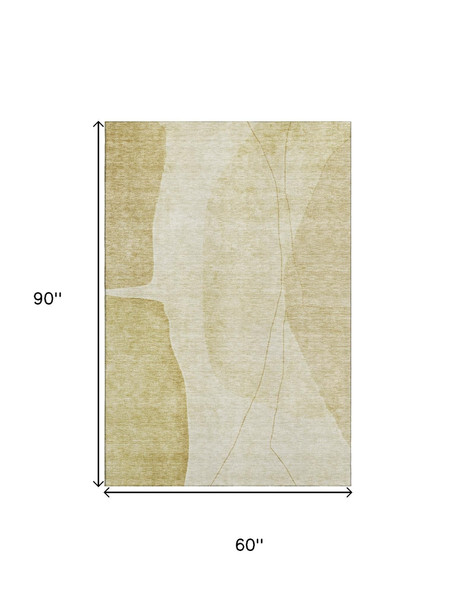 5' X 8' Gold And Beige Abstract Washable Area Rug With UV Protection