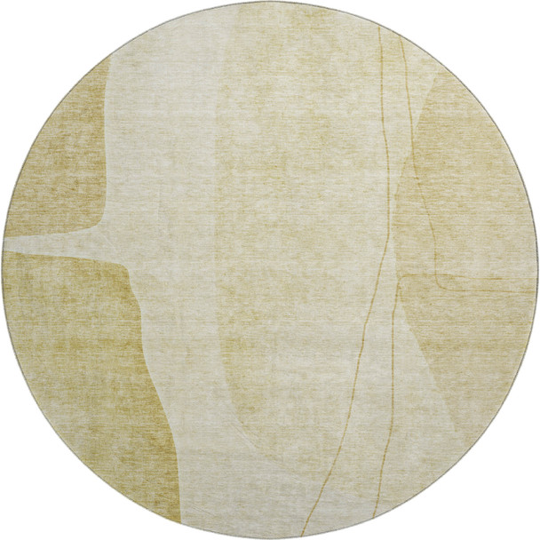 8' Gold And Beige Abstract Washable Round Rug With UV Protection