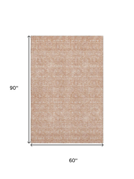 5' X 8' Coral And Ivory Floral Washable Area Rug With UV Protection