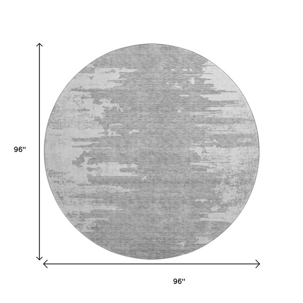 8' Silver And Gray Abstract Washable Round Rug With UV Protection