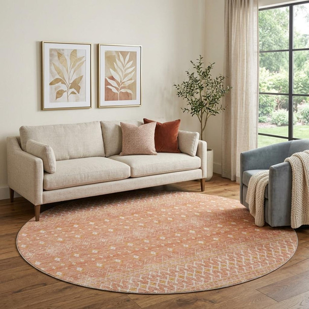 8' Salmon And Ivory Tribal Washable Round Rug With UV Protection