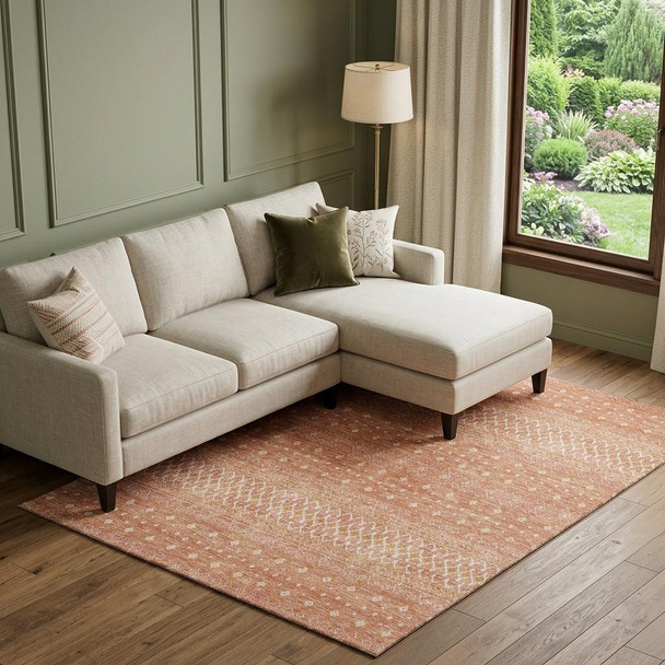 10' X 14' Salmon And Ivory Tribal Washable Area Rug With UV Protection