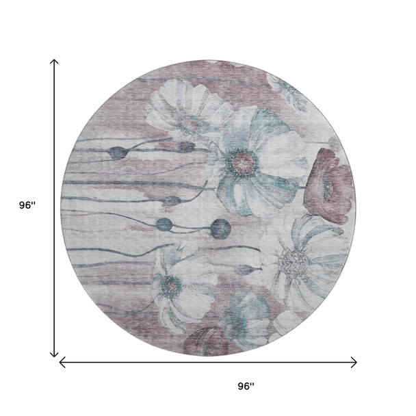 8' Teal Mauve And Ivory Floral Washable Round Rug With UV Protection