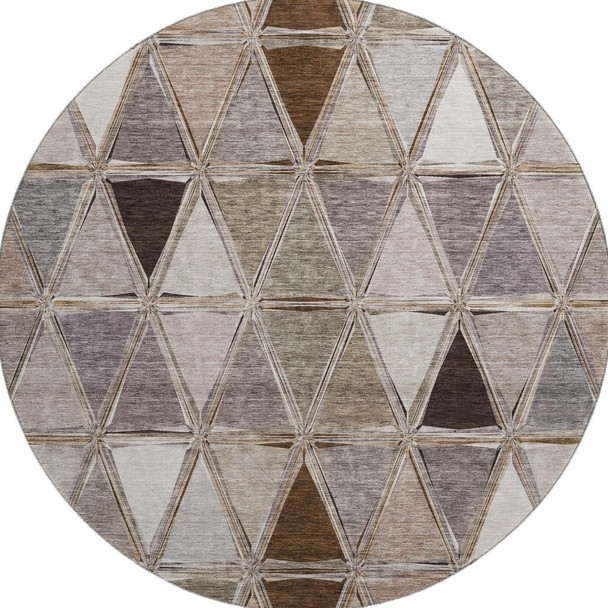 8' Brown Gray And Ivory Geometric Washable Round Rug With UV Protection