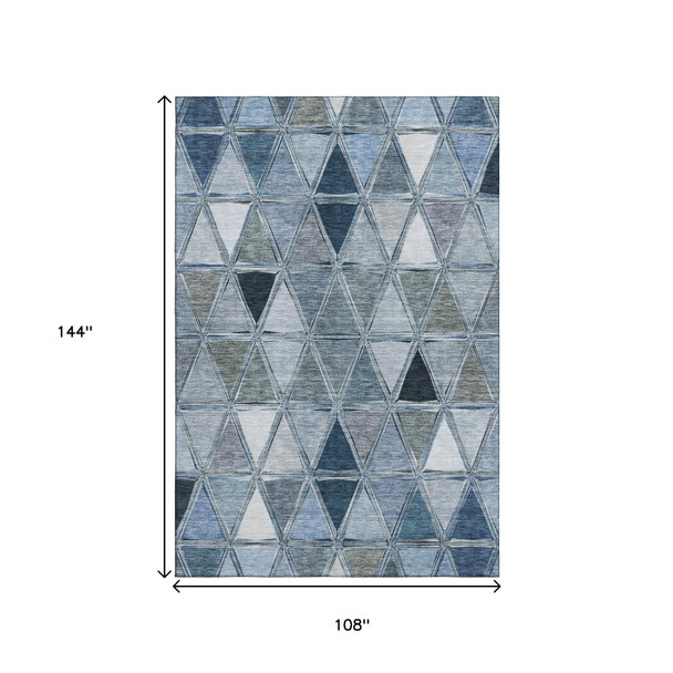 9' X 12' Blue Gray And Ivory Geometric Washable Area Rug With UV Protection