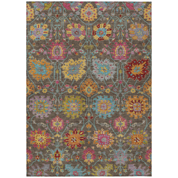 9' X 12' Chocolate Gold And Pink Damask Washable Indoor Outdoor Area Rug
