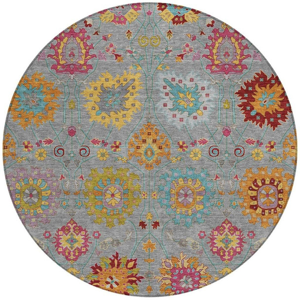 8' Gray Gold And Pink Round Damask Washable Indoor Outdoor Area Rug