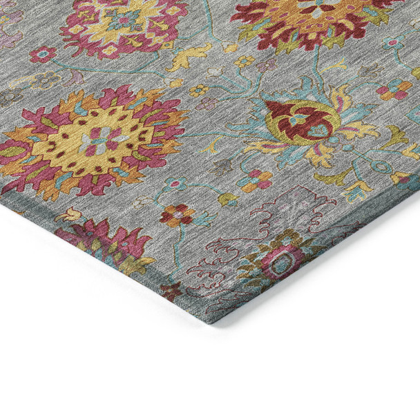 10' X 14' Gray Gold And Pink Damask Washable Indoor Outdoor Area Rug
