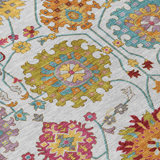 9' X 12' Ivory Gold And Pink Damask Washable Indoor Outdoor Area Rug