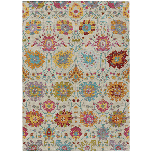 9' X 12' Linen Gold And Pink Damask Washable Indoor Outdoor Area Rug