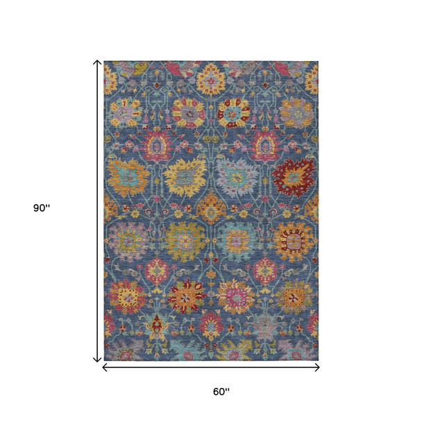 5' X 8' Navy Blue Gold And Pink Damask Washable Indoor Outdoor Area Rug