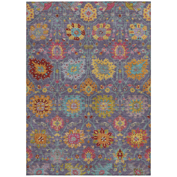 9' X 12' Purple Gold And Pink Damask Washable Indoor Outdoor Area Rug