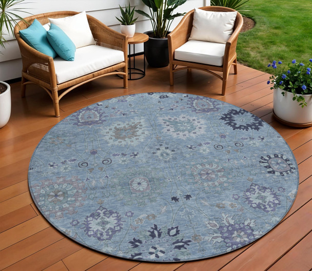 8' Denim Blue And Gray Round Damask Washable Indoor Outdoor Area Rug
