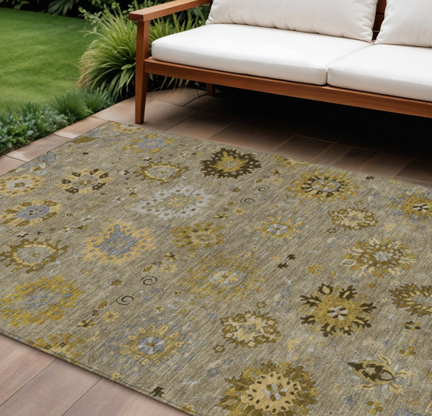 10' X 14' Khaki Gold And Gray Damask Washable Indoor Outdoor Area Rug