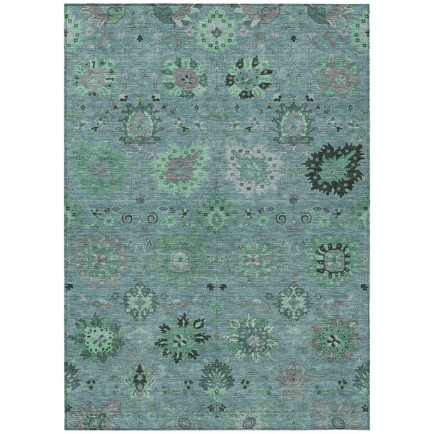 3' X 5' Teal Blue And Gray Damask Washable Indoor Outdoor Area Rug
