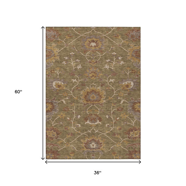 3' X 5' Brown And Beige Floral Washable Indoor Outdoor Area Rug