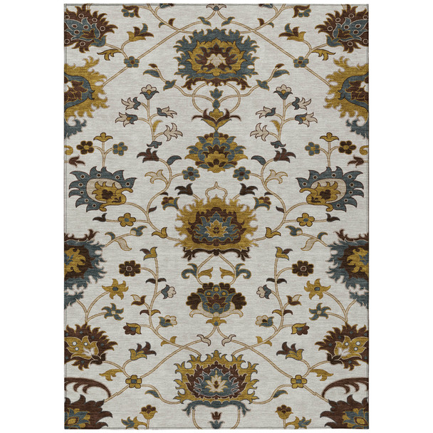 5' X 8' Ivory Gray And Gold Floral Washable Indoor Outdoor Area Rug