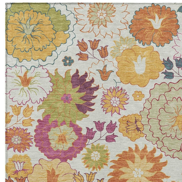 8' X 10' Ivory Gold And Pink Floral Washable Indoor Outdoor Area Rug