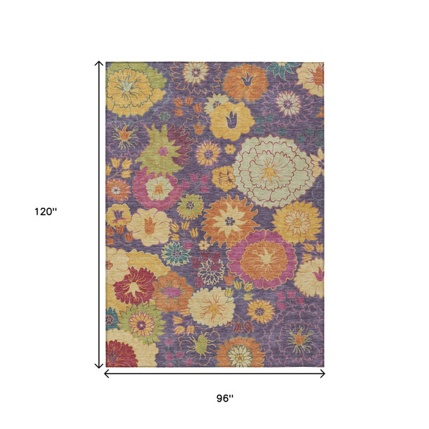 8' X 10' Purple Gold And Pink Floral Washable Indoor Outdoor Area Rug