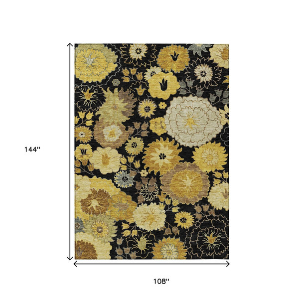 9' X 12' Black Gold And Beige Floral Washable Indoor Outdoor Area Rug