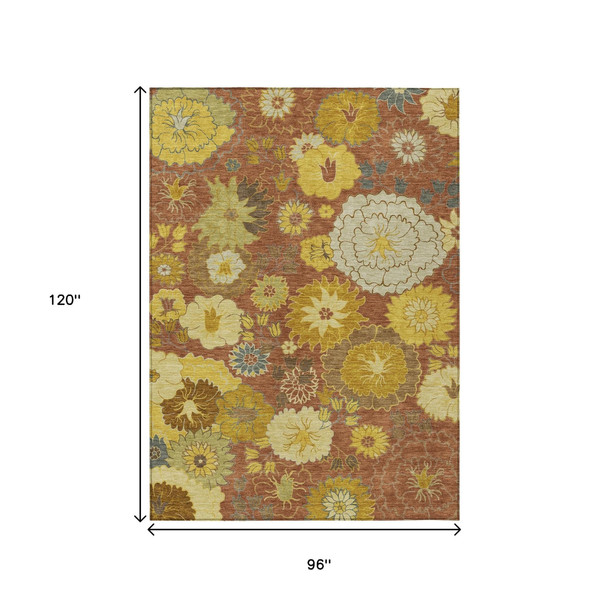 8' X 10' Terra Cotta Gold And Beige Floral Washable Indoor Outdoor Area Rug