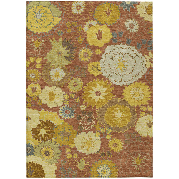 9' X 12' Terra Cotta Gold And Beige Floral Washable Indoor Outdoor Area Rug