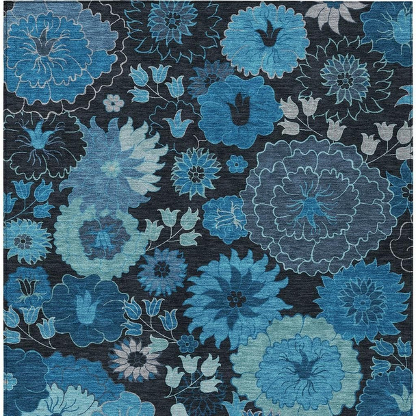 5' X 8' Blue And Black Floral Washable Indoor Outdoor Area Rug