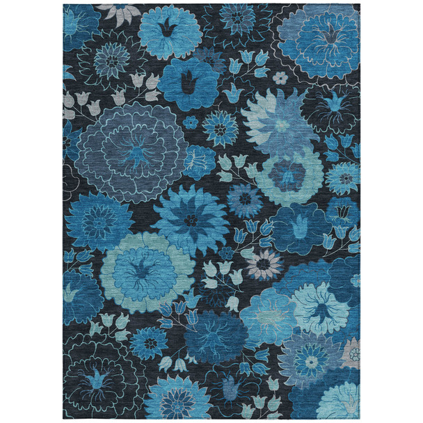 10' X 14' Blue And Black Floral Washable Indoor Outdoor Area Rug