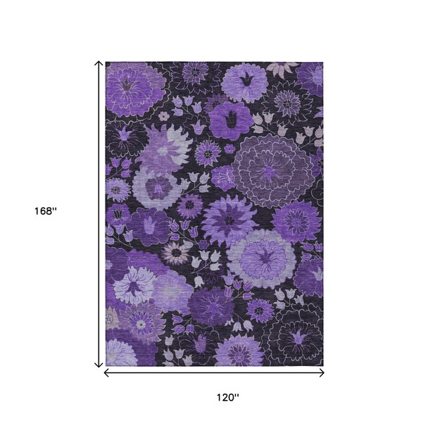 10' X 14' Purple And Black Floral Washable Indoor Outdoor Area Rug