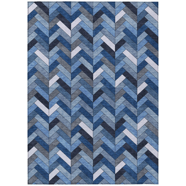 5' X 8' Blue And Ivory Geometric Washable Indoor Outdoor Area Rug