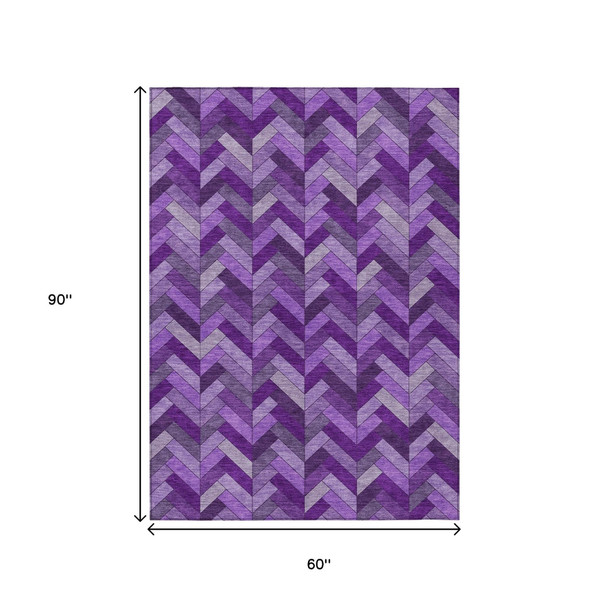5' X 8' Purple And Ivory Geometric Washable Indoor Outdoor Area Rug