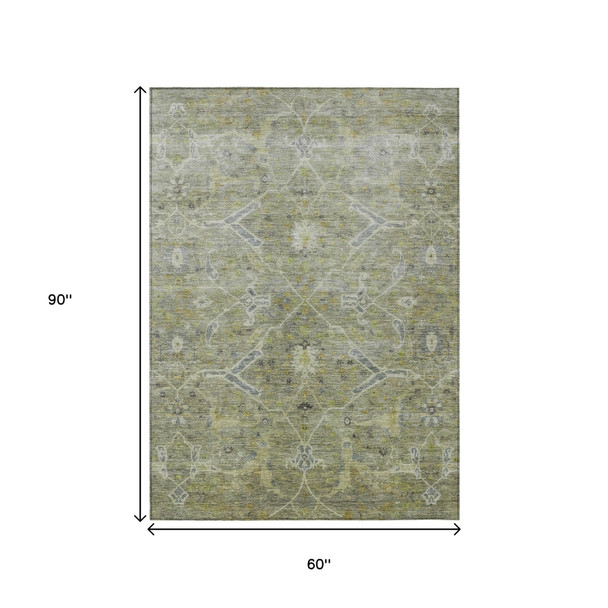 5' X 8' Artichoke Green And Gray Floral Washable Indoor Outdoor Area Rug