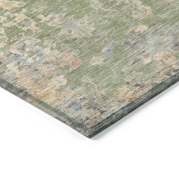 9' X 12' Artichoke Green And Gray Floral Washable Indoor Outdoor Area Rug