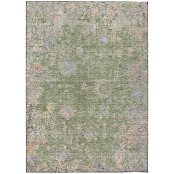 10' X 14' Artichoke Green And Gray Floral Washable Indoor Outdoor Area Rug
