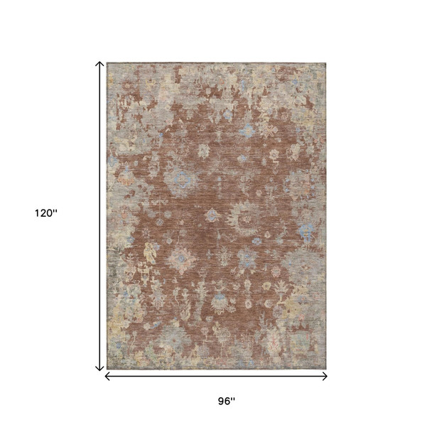 8' X 10' Chili Red And Beige Floral Washable Indoor Outdoor Area Rug