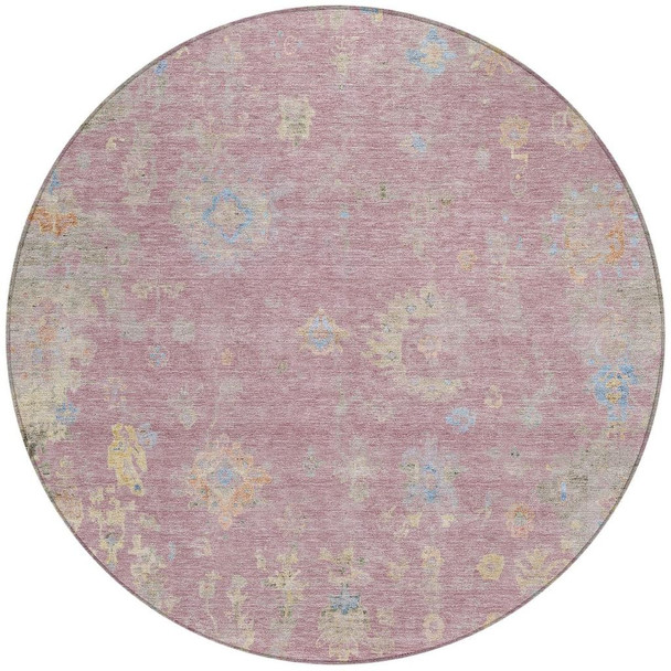8' Pink Beige And Gray Round Floral Washable Indoor Outdoor Area Rug