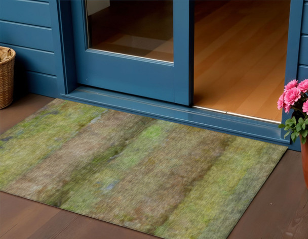 3' X 5' Olive Green And Brown Abstract Washable Indoor Outdoor Area Rug
