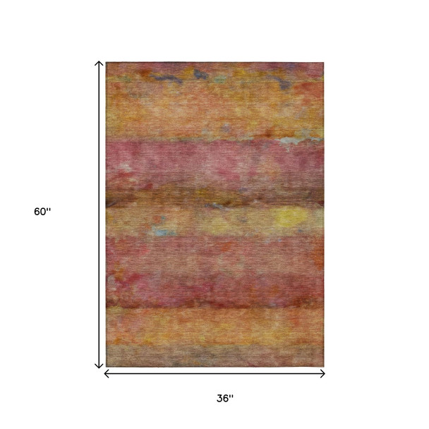 3' X 5' Orange Blush And Yellow Abstract Washable Indoor Outdoor Area Rug