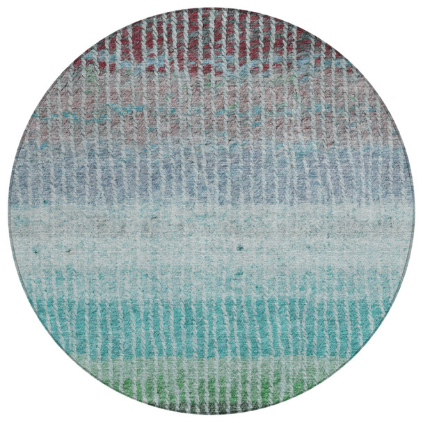 8' Teal Blue And Green Round Striped Washable Indoor Outdoor Area Rug