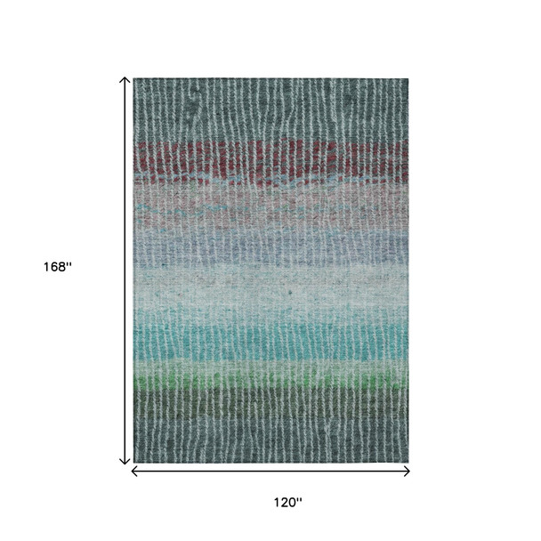 10' X 14' Teal Blue And Green Striped Washable Indoor Outdoor Area Rug