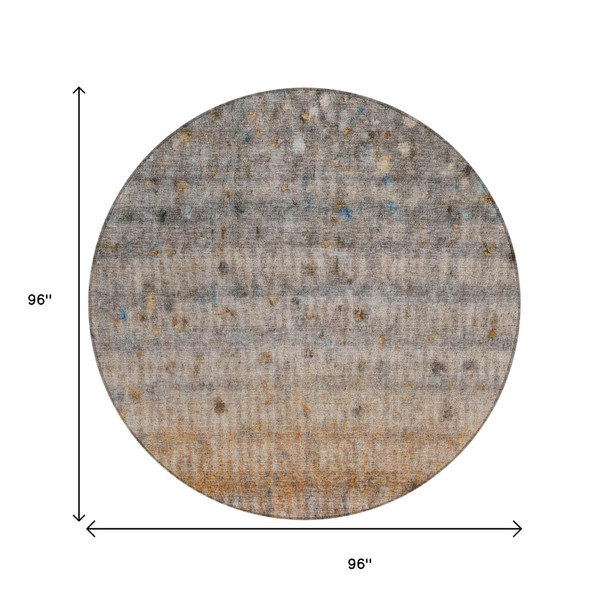 8' Gray And Copper Round Striped Washable Indoor Outdoor Area Rug